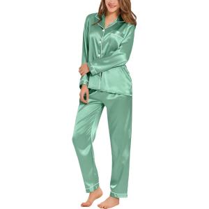 SWOMOG Womens Silk Satin Pajamas Set Long Sleeve Button Down Sleepwear 2 Piece Lounge Set Pj Set XS-3XL(Sage)