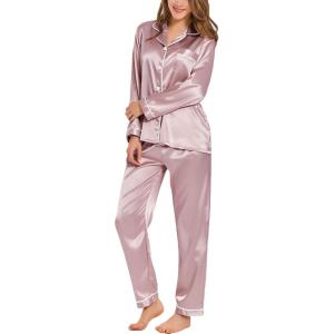 SWOMOG Womens Silk Satin Pajamas Set Long Sleeve Button Down Sleepwear 2 Piece Lounge Set Pj Set XS-3XL(Shimmering Blush)