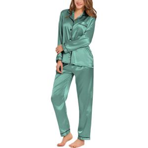 SWOMOG Womens Silk Satin Pajamas Set Long Sleeve Button Down Sleepwear 2 Piece Lounge Set Pj Set XS-3XL(Smog Green)