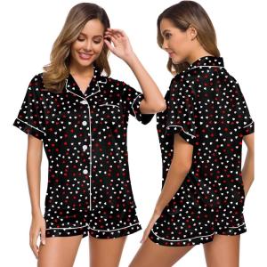 SWOMOG Womens Silk Satin Pajamas Set Short Sleeve Sleepwear Button Down Top and Shorts Loungewear 2 Piece Pjs Set XS-3XL(Heart Collage White Piping & Buttons)