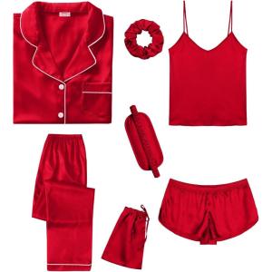 SWOMOG Womens Silk Satin Pajamas Sets 7pcs Sleepwear Sexy Cami Shorts Set and Button Down Short Sleeve Satin Pjs(Christmas Red)
