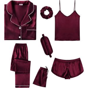 SWOMOG Womens Silk Satin Pajamas Sets 7pcs Sleepwear Sexy Cami Shorts Set and Button Down Short Sleeve Satin Pjs(Deep Wine Red)