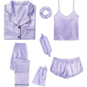 SWOMOG Womens Silk Satin Pajamas Sets 7pcs Sleepwear Sexy Cami Shorts Set and Button Down Short Sleeve Satin Pjs(Lavender)