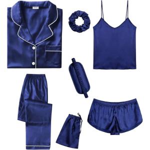 SWOMOG Womens Silk Satin Pajamas Sets 7pcs Sleepwear Sexy Cami Shorts Set and Button Down Short Sleeve Satin Pjs(Navy Blue)