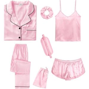 SWOMOG Womens Silk Satin Pajamas Sets 7pcs Sleepwear Sexy Cami Shorts Set and Button Down Short Sleeve Satin Pjs(Pink)