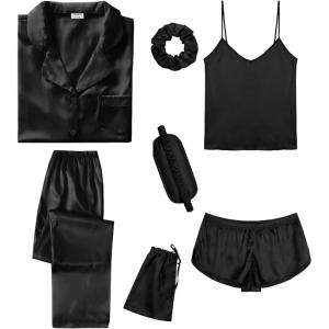 SWOMOG Womens Silk Satin Pajamas Sets 7pcs Sleepwear Sexy Cami Shorts Set and Button Down Short Sleeve Satin Pjs(Solid Black)