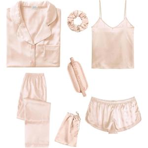 SWOMOG Womens Silk Satin Pajamas Sets 7pcs Sleepwear Sexy Cami Shorts Set and Button Down Short Sleeve Satin Pjs(Solid Champagne)