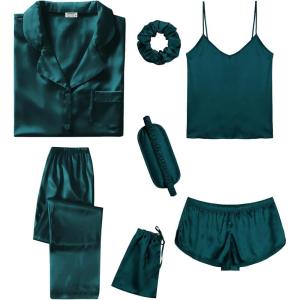 SWOMOG Womens Silk Satin Pajamas Sets 7pcs Sleepwear Sexy Cami Shorts Set and Button Down Short Sleeve Satin Pjs(Solid Deep Green)