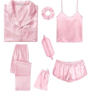SWOMOG Womens Silk Satin Pajamas Sets 7pcs Sleepwear Sexy Cami Shorts Set and Button Down Short Sleeve Satin Pjs(Solid Pink)