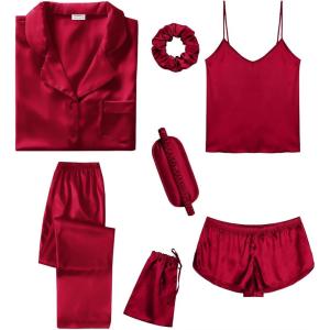 SWOMOG Womens Silk Satin Pajamas Sets 7pcs Sleepwear Sexy Cami Shorts Set and Button Down Short Sleeve Satin Pjs(Solid Red)