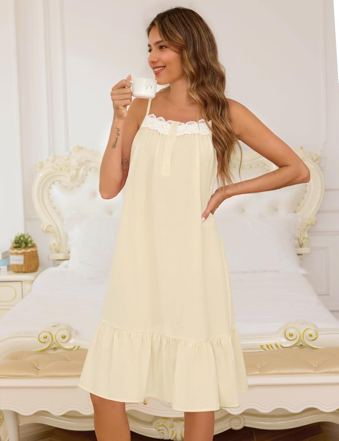 imageSWOMOG 100 Cotton Nightgowns for Women Lace Sleeveless Sleep Dress Victorian Sleepshirt Button Strap Night GownYellow