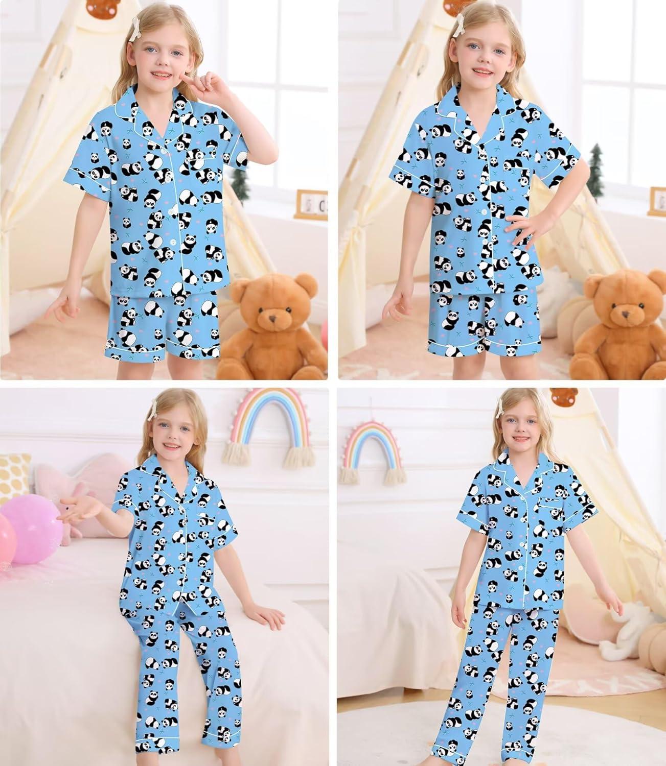 imageSWOMOG Big Girls Pajama Set 3PCS Button Dowm Sleepwear Short Sleeve with ShortampLong Pants PJs Cute Print Loungewear