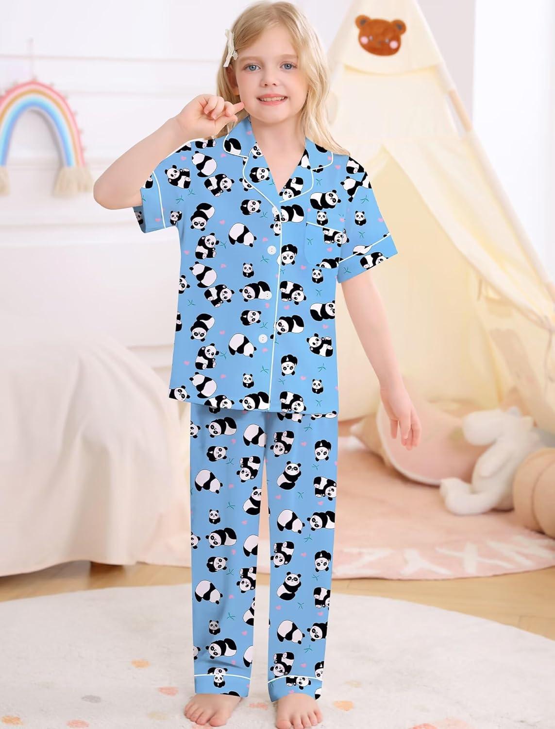 imageSWOMOG Big Girls Pajama Set 3PCS Button Dowm Sleepwear Short Sleeve with ShortampLong Pants PJs Cute Print Loungewear