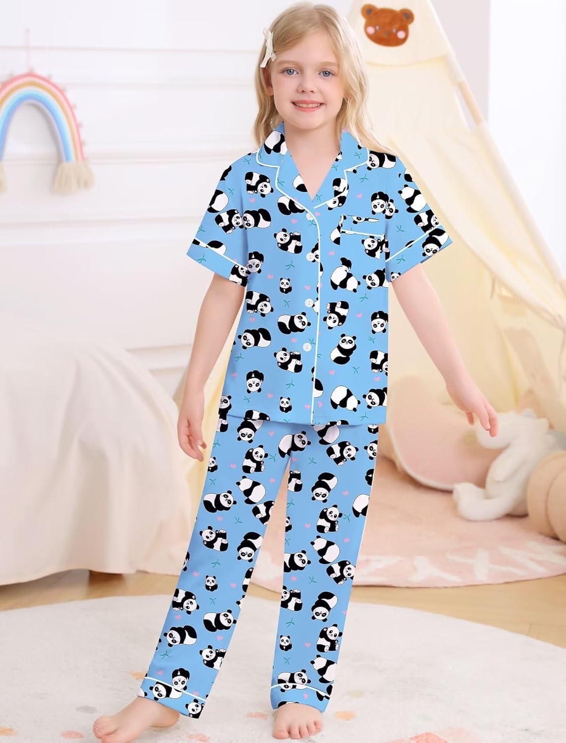 imageSWOMOG Big Girls Pajama Set 3PCS Button Dowm Sleepwear Short Sleeve with ShortampLong Pants PJs Cute Print Loungewear