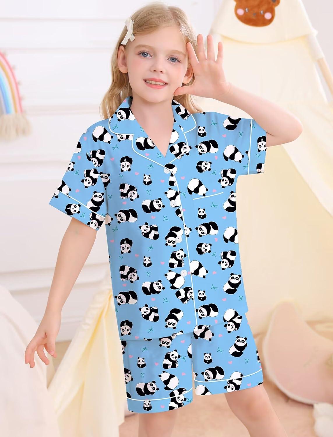 imageSWOMOG Big Girls Pajama Set 3PCS Button Dowm Sleepwear Short Sleeve with ShortampLong Pants PJs Cute Print Loungewear