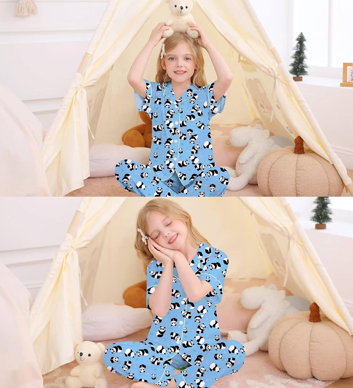 imageSWOMOG Big Girls Pajama Set 3PCS Button Dowm Sleepwear Short Sleeve with ShortampLong Pants PJs Cute Print Loungewear