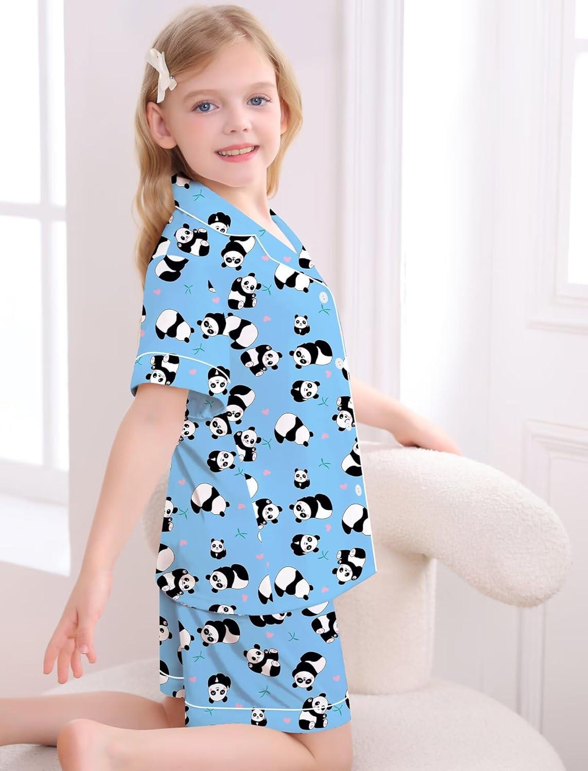 imageSWOMOG Big Girls Pajama Set 3PCS Button Dowm Sleepwear Short Sleeve with ShortampLong Pants PJs Cute Print Loungewear
