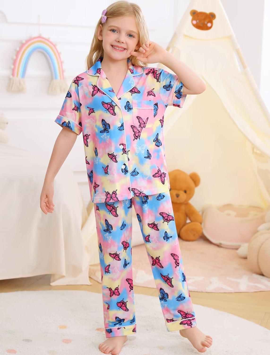 imageSWOMOG Big Girls Pajama Set 3PCS Button Dowm Sleepwear Short Sleeve with ShortampLong Pants PJs Cute Print LoungewearColorful Butterfly