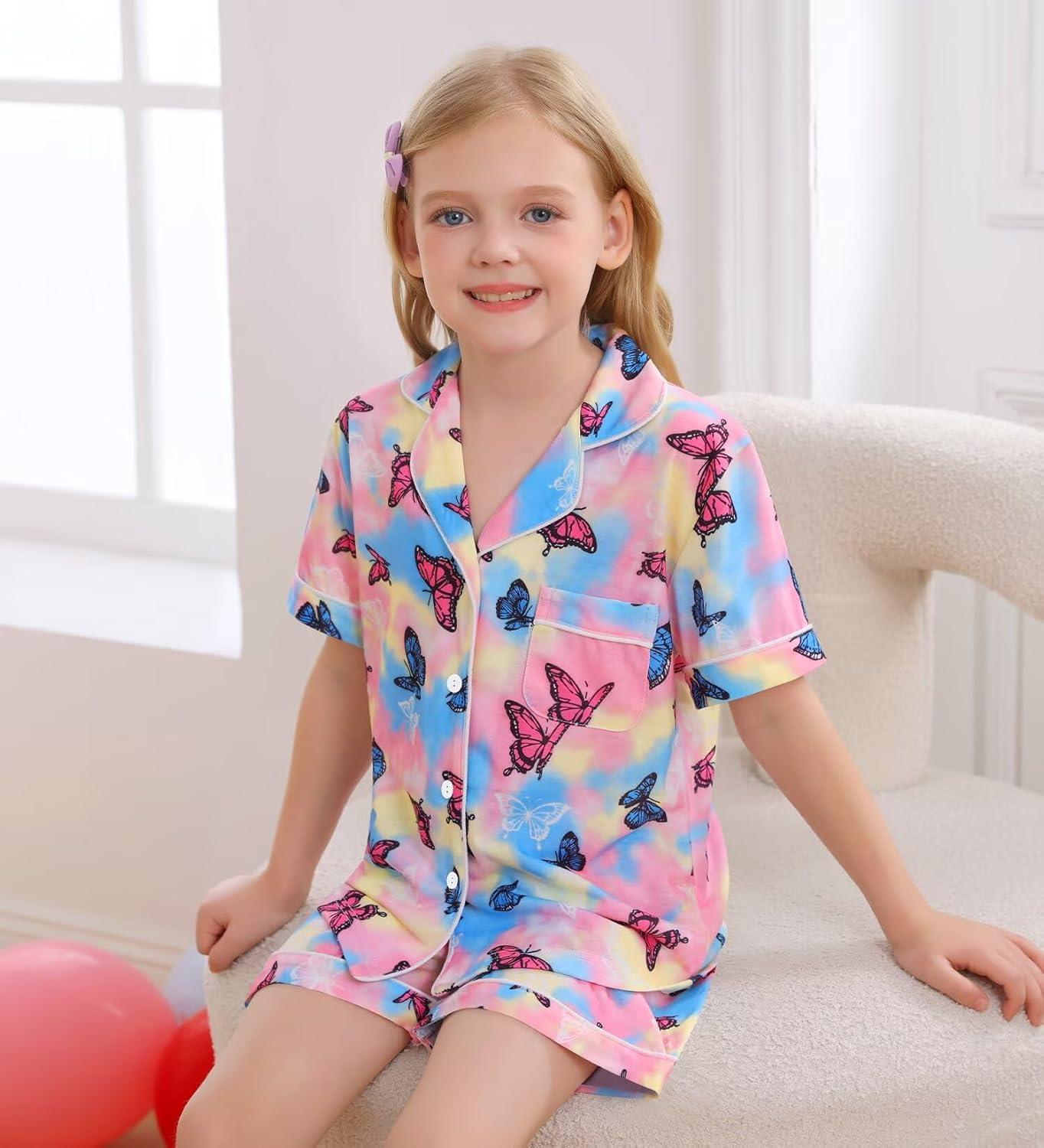 imageSWOMOG Big Girls Pajama Set 3PCS Button Dowm Sleepwear Short Sleeve with ShortampLong Pants PJs Cute Print LoungewearColorful Butterfly