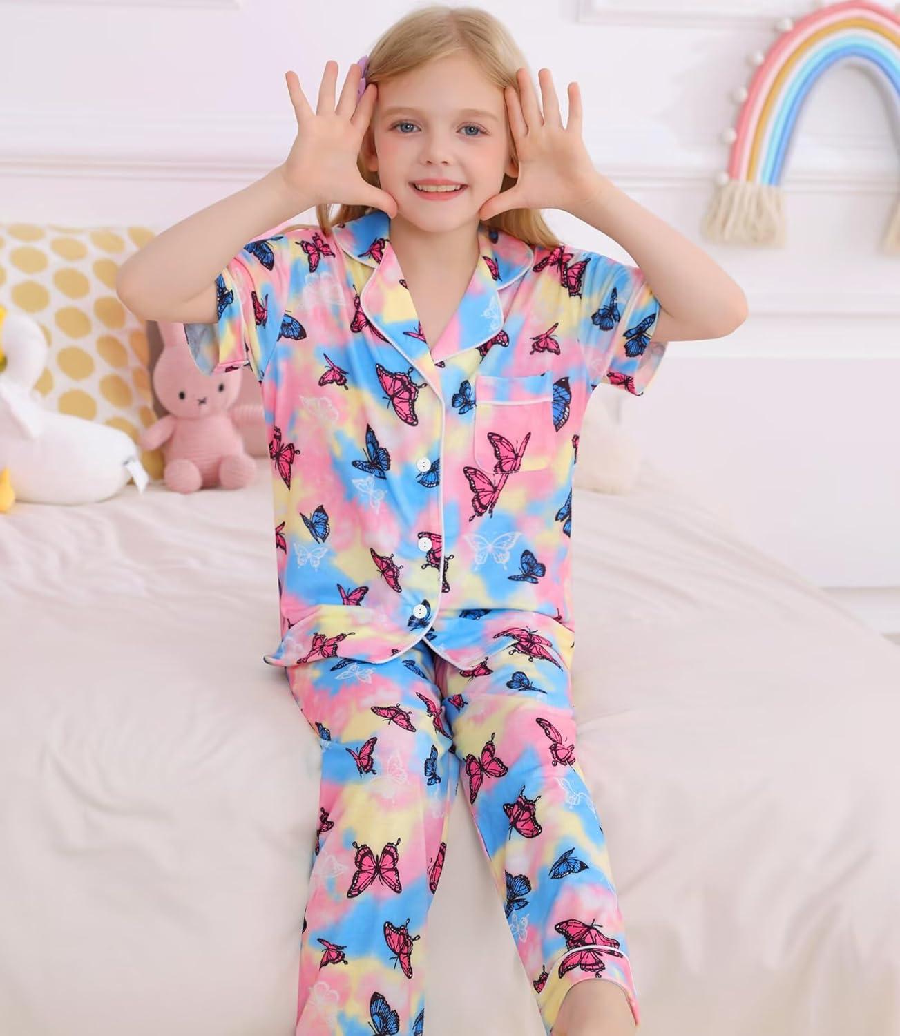 imageSWOMOG Big Girls Pajama Set 3PCS Button Dowm Sleepwear Short Sleeve with ShortampLong Pants PJs Cute Print LoungewearColorful Butterfly