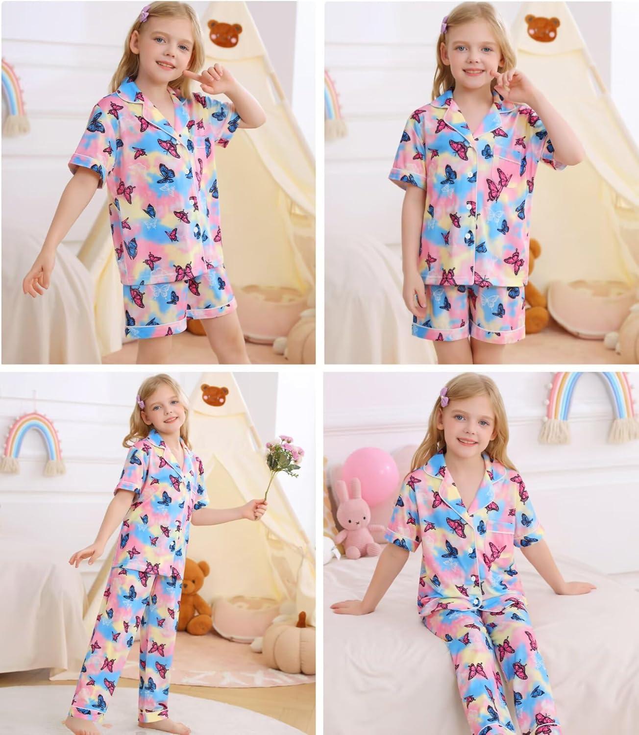 imageSWOMOG Big Girls Pajama Set 3PCS Button Dowm Sleepwear Short Sleeve with ShortampLong Pants PJs Cute Print LoungewearColorful Butterfly