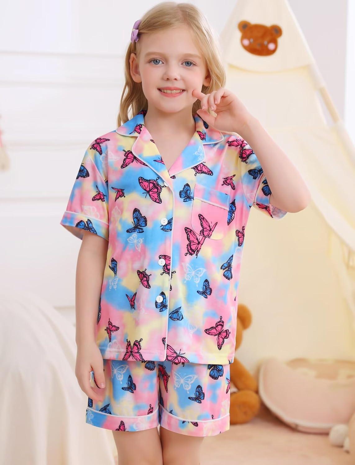 imageSWOMOG Big Girls Pajama Set 3PCS Button Dowm Sleepwear Short Sleeve with ShortampLong Pants PJs Cute Print LoungewearColorful Butterfly
