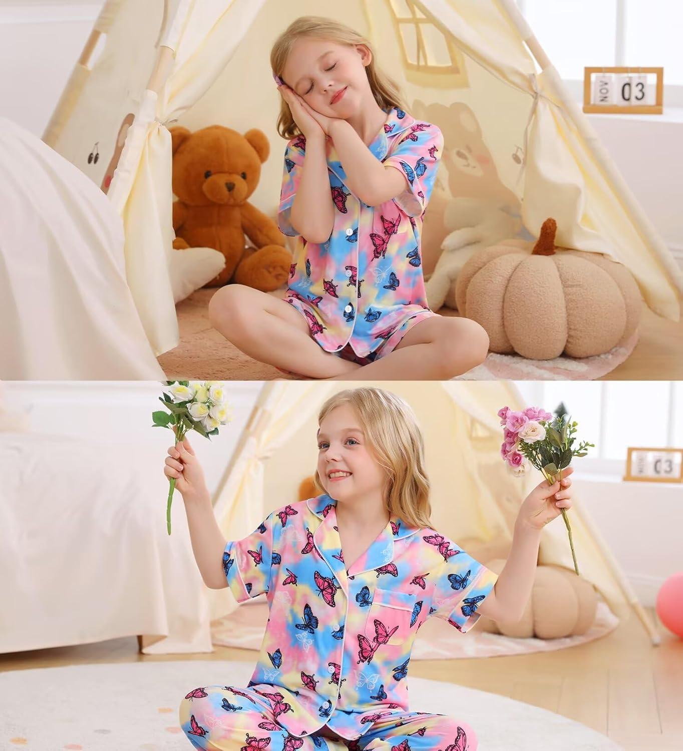 imageSWOMOG Big Girls Pajama Set 3PCS Button Dowm Sleepwear Short Sleeve with ShortampLong Pants PJs Cute Print LoungewearColorful Butterfly