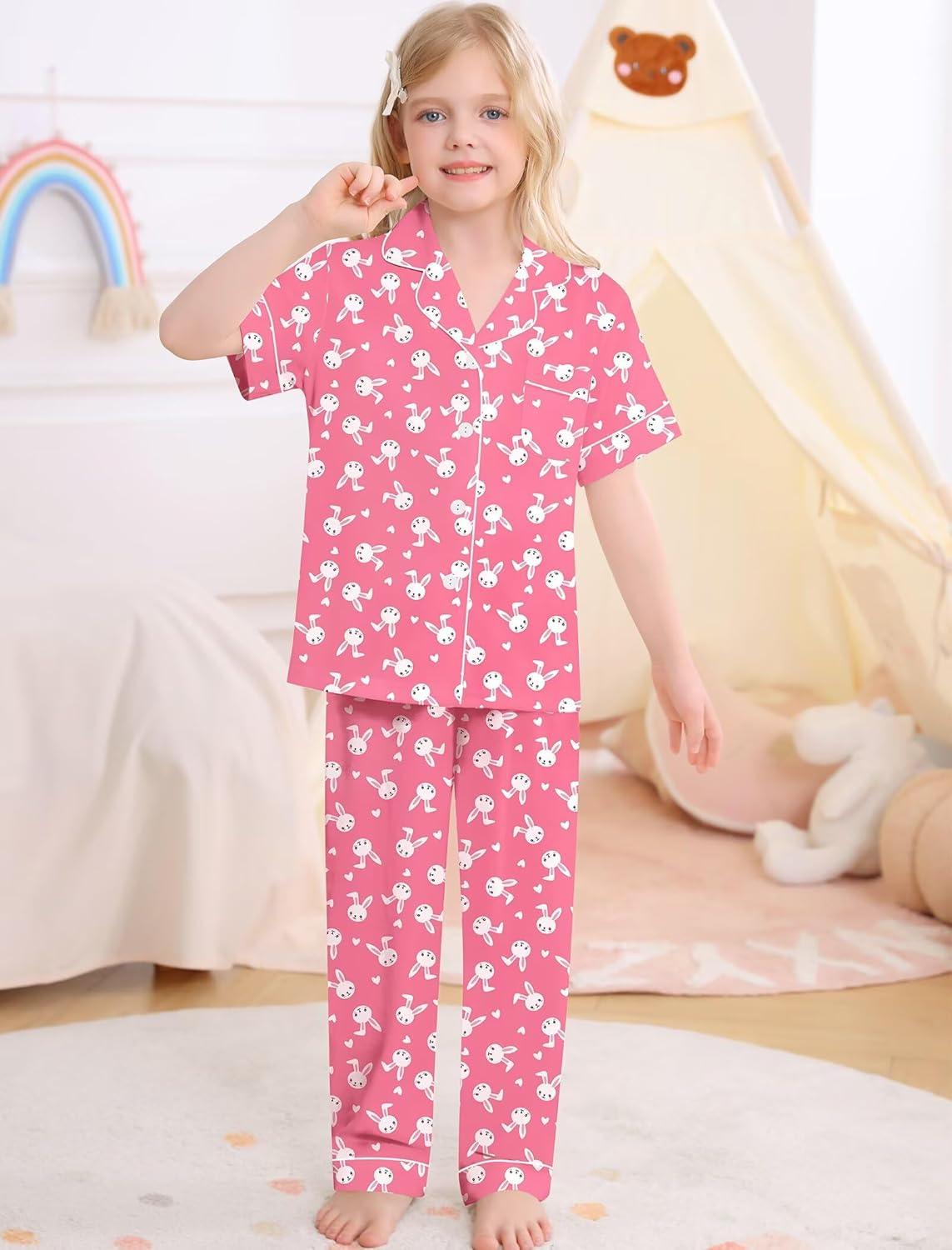 imageSWOMOG Big Girls Pajama Set 3PCS Button Dowm Sleepwear Short Sleeve with ShortampLong Pants PJs Cute Print LoungewearPink Rabbit