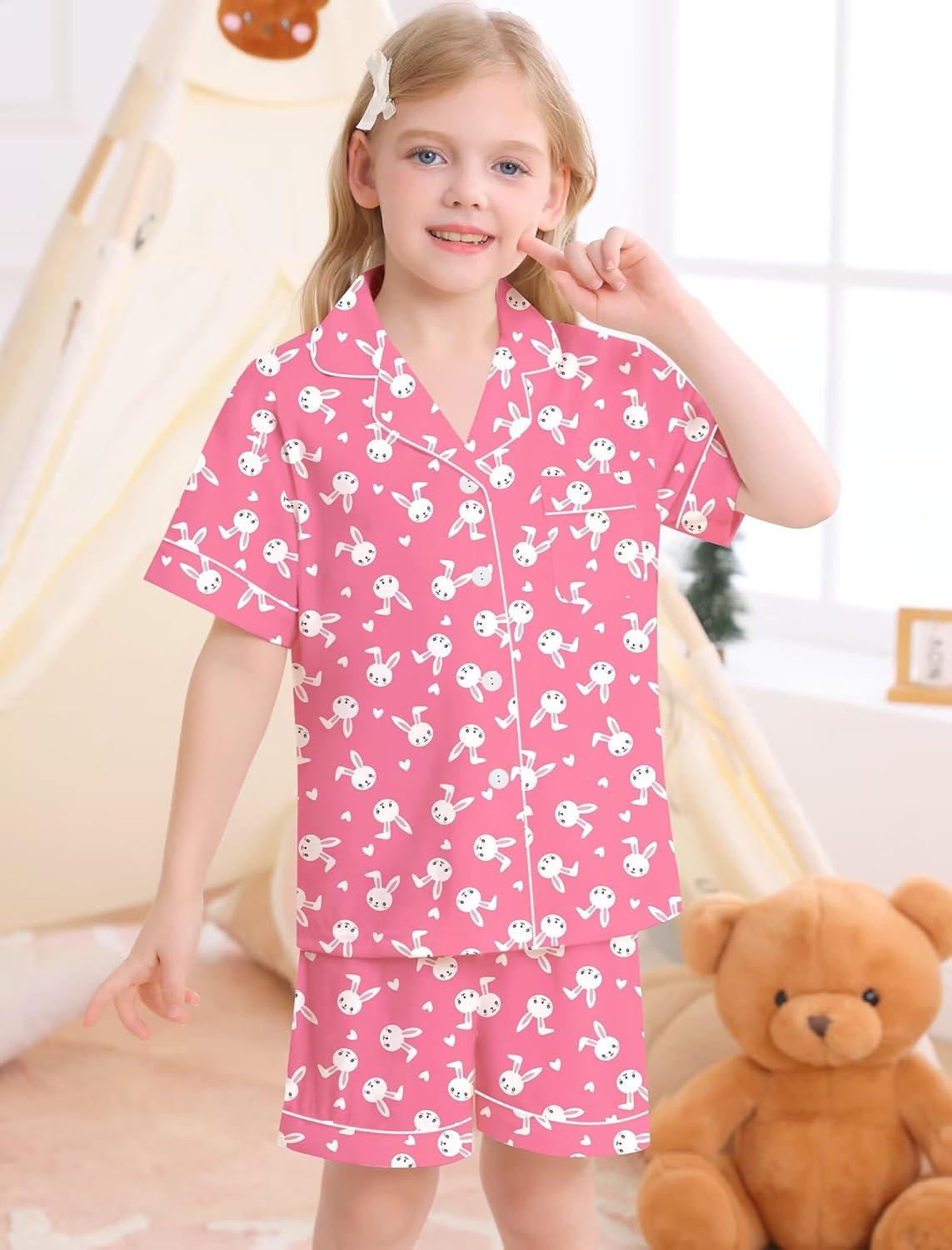 imageSWOMOG Big Girls Pajama Set 3PCS Button Dowm Sleepwear Short Sleeve with ShortampLong Pants PJs Cute Print LoungewearPink Rabbit