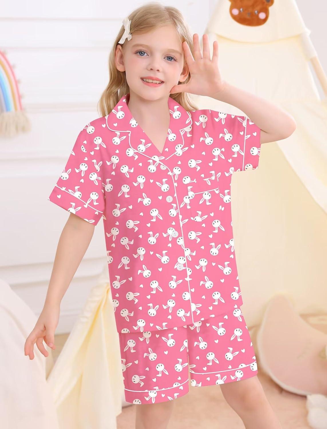 imageSWOMOG Big Girls Pajama Set 3PCS Button Dowm Sleepwear Short Sleeve with ShortampLong Pants PJs Cute Print LoungewearPink Rabbit