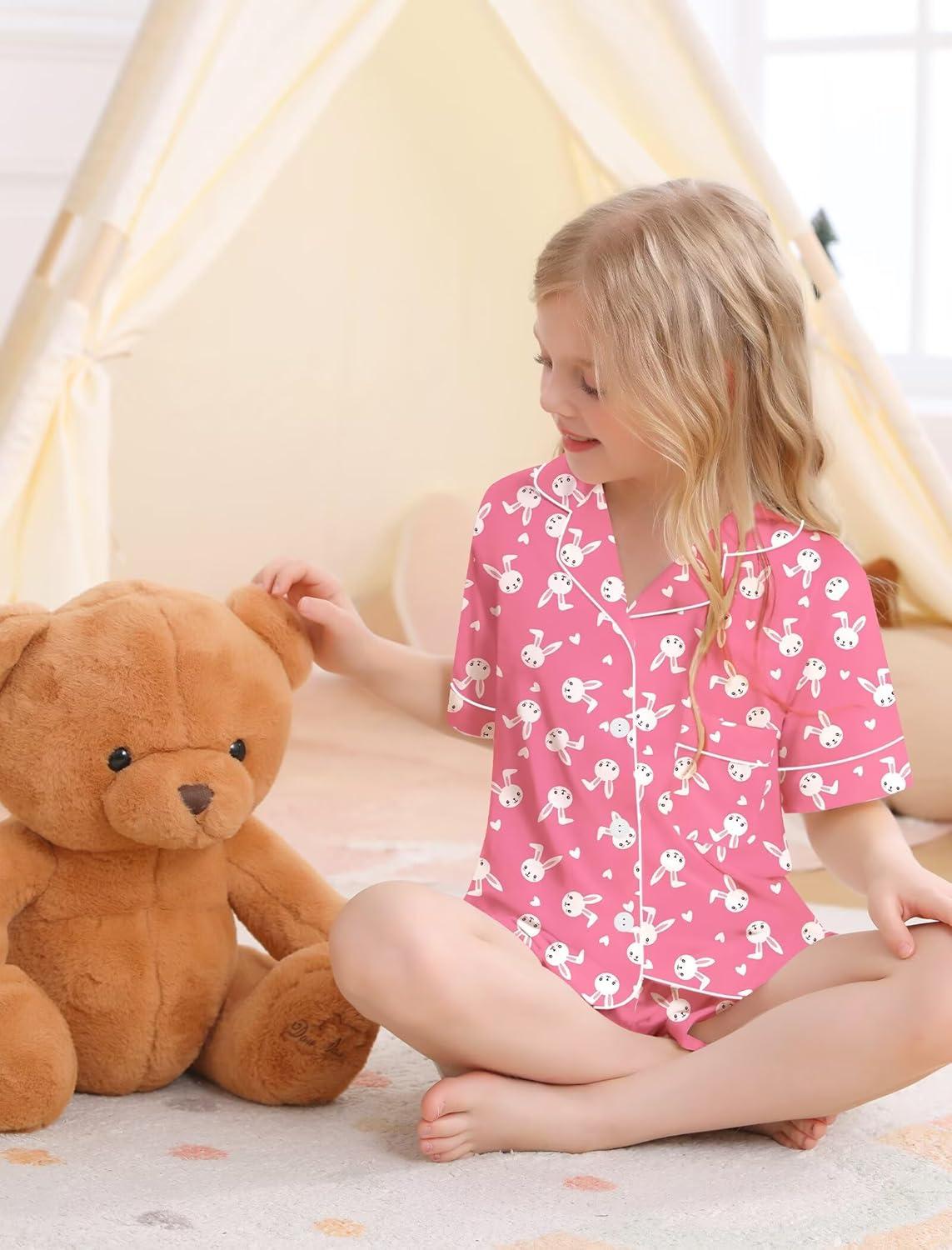 imageSWOMOG Big Girls Pajama Set 3PCS Button Dowm Sleepwear Short Sleeve with ShortampLong Pants PJs Cute Print LoungewearPink Rabbit