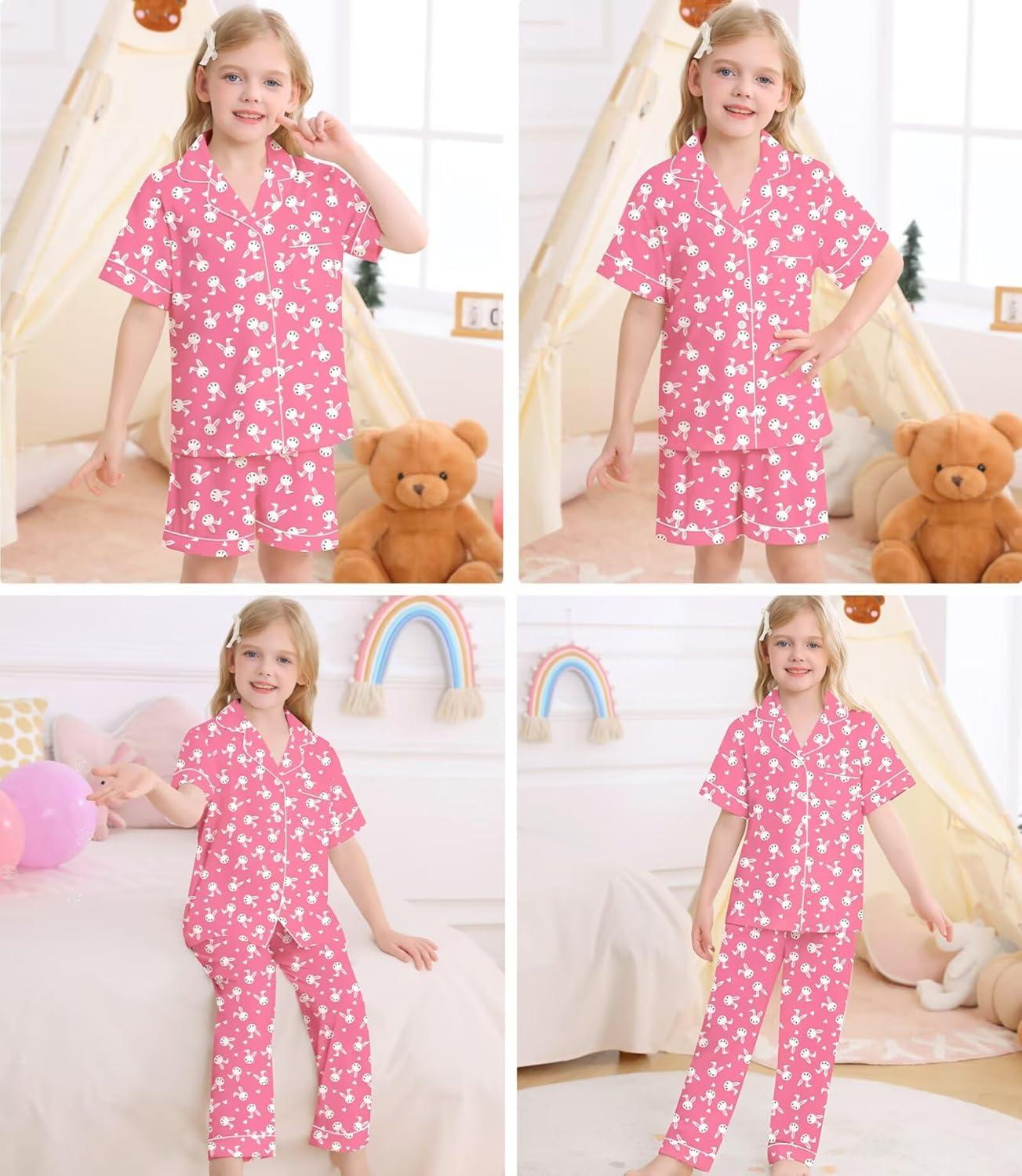 imageSWOMOG Big Girls Pajama Set 3PCS Button Dowm Sleepwear Short Sleeve with ShortampLong Pants PJs Cute Print LoungewearPink Rabbit