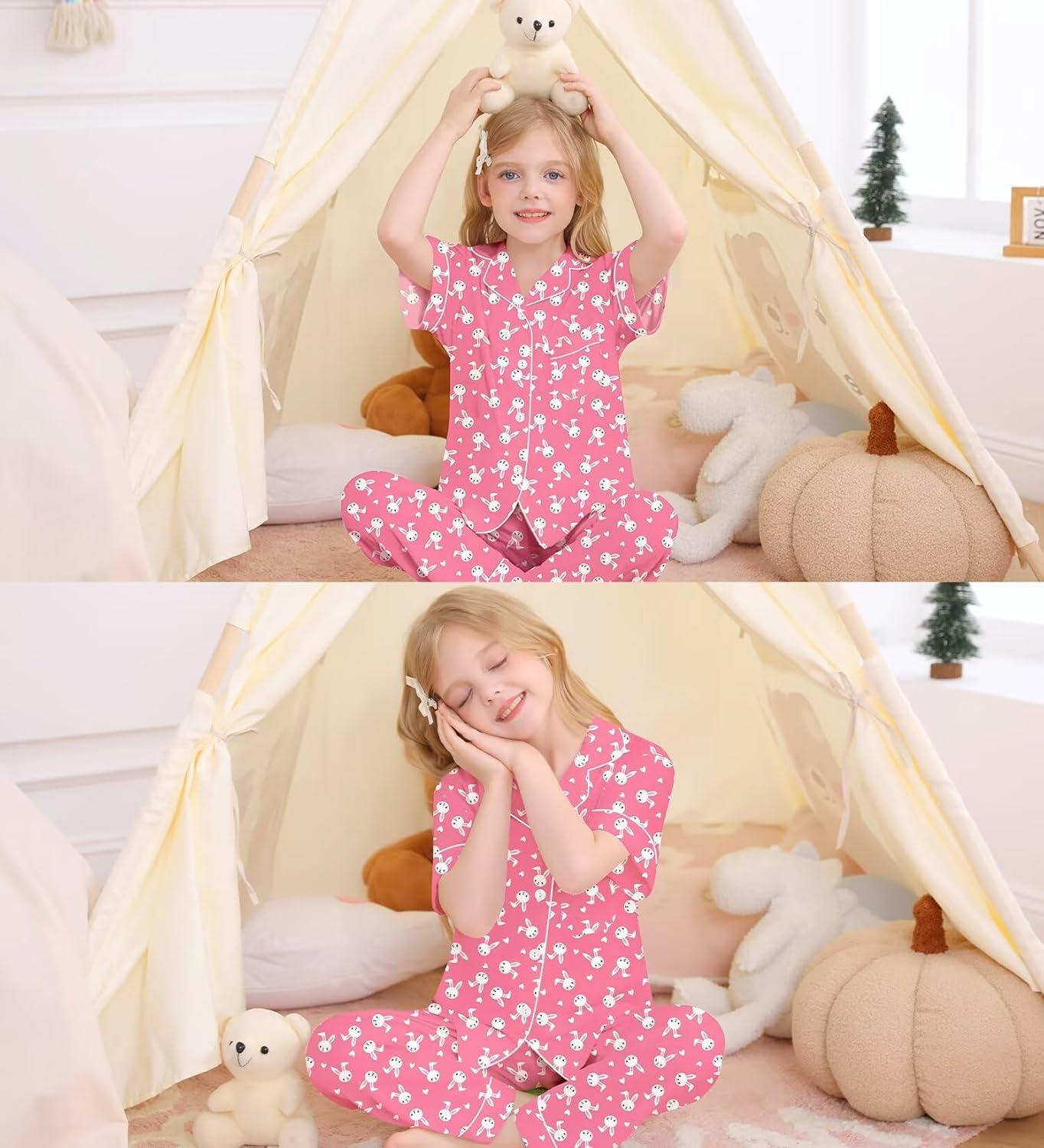 imageSWOMOG Big Girls Pajama Set 3PCS Button Dowm Sleepwear Short Sleeve with ShortampLong Pants PJs Cute Print LoungewearPink Rabbit