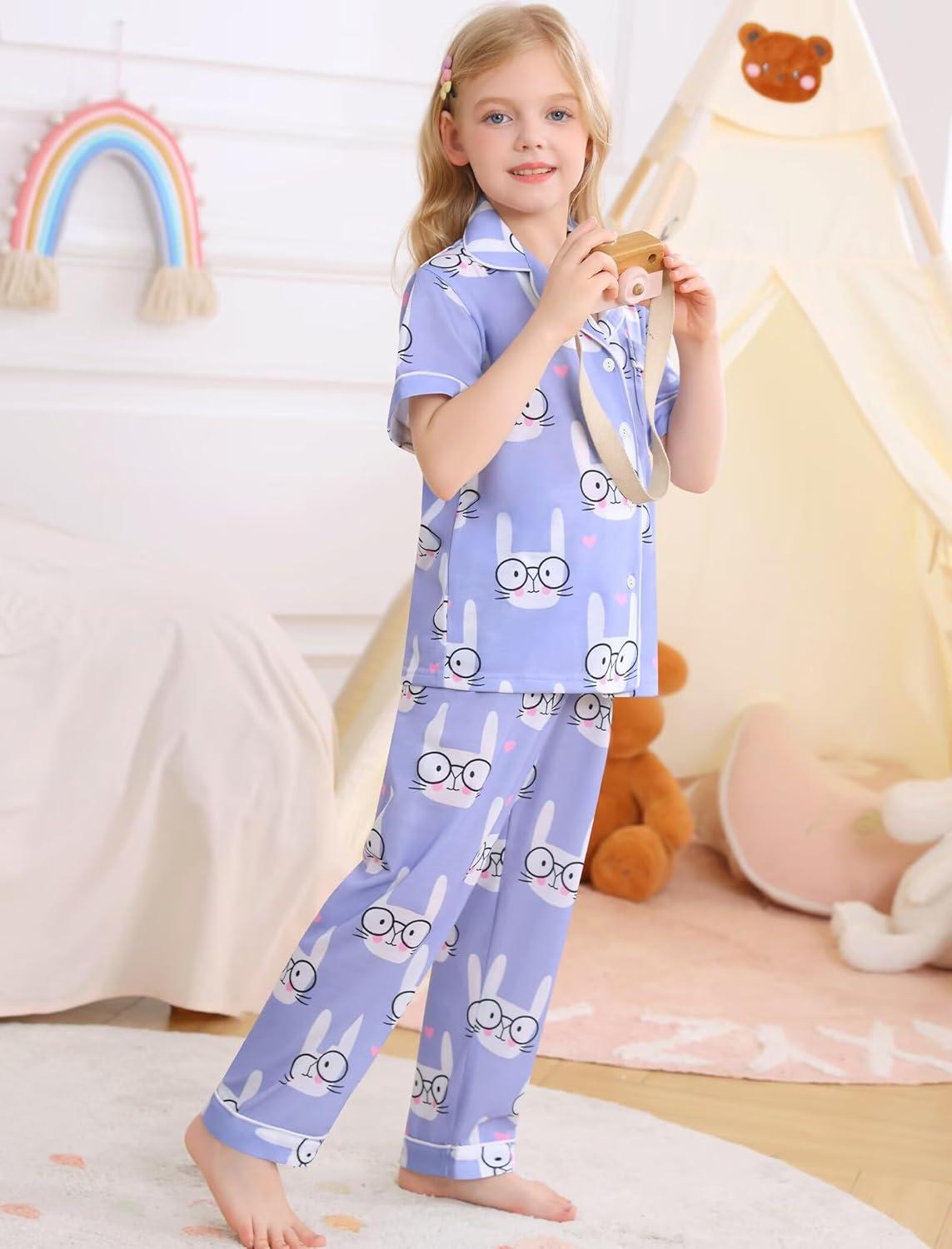 imageSWOMOG Big Girls Pajama Set 3PCS Button Dowm Sleepwear Short Sleeve with ShortampLong Pants PJs Cute Print LoungewearPurple Rabbit
