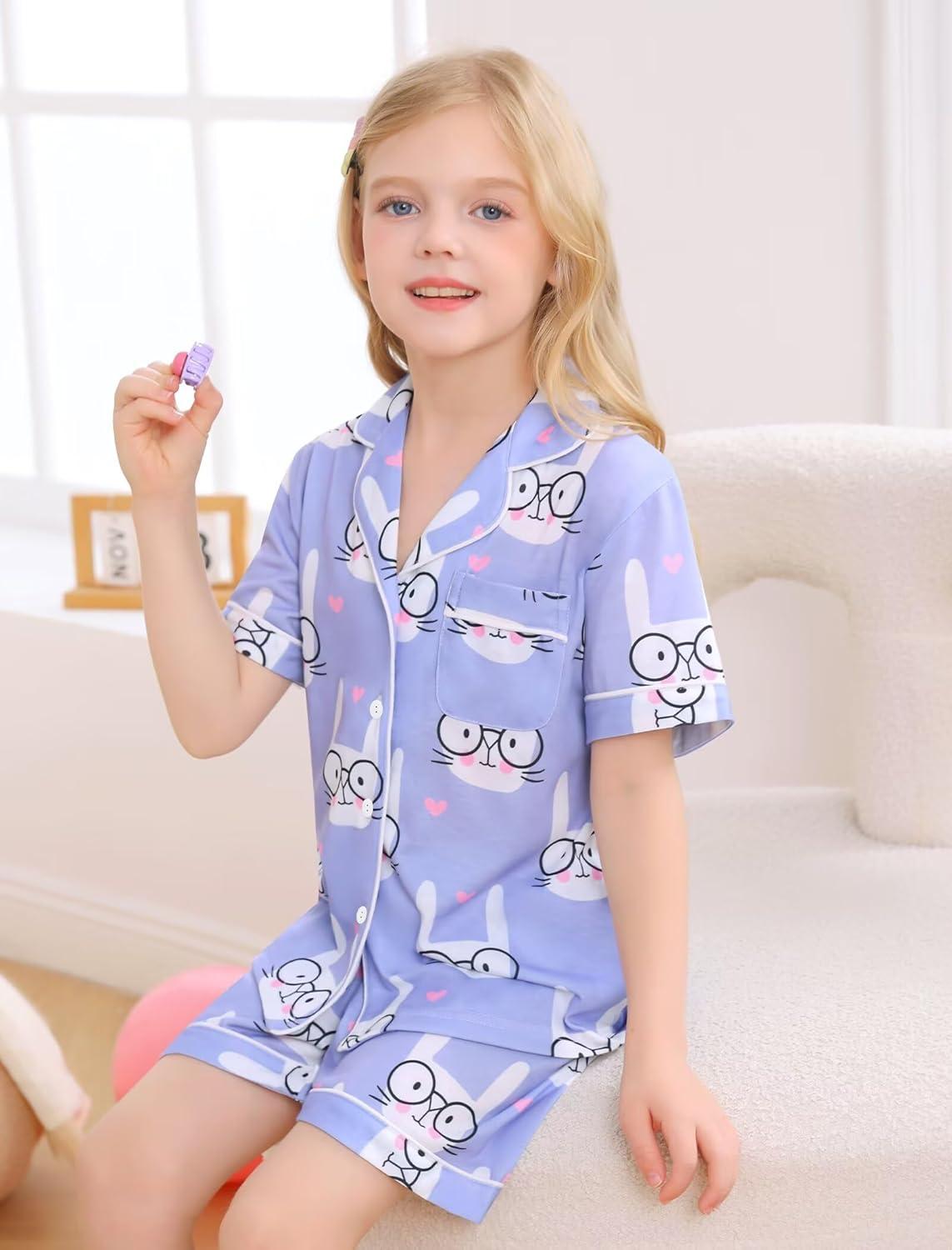 imageSWOMOG Big Girls Pajama Set 3PCS Button Dowm Sleepwear Short Sleeve with ShortampLong Pants PJs Cute Print LoungewearPurple Rabbit