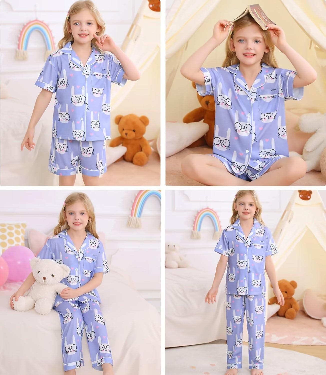 imageSWOMOG Big Girls Pajama Set 3PCS Button Dowm Sleepwear Short Sleeve with ShortampLong Pants PJs Cute Print LoungewearPurple Rabbit