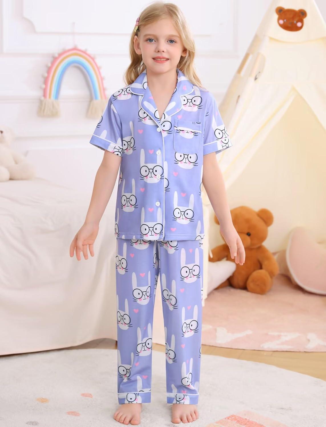 imageSWOMOG Big Girls Pajama Set 3PCS Button Dowm Sleepwear Short Sleeve with ShortampLong Pants PJs Cute Print LoungewearPurple Rabbit