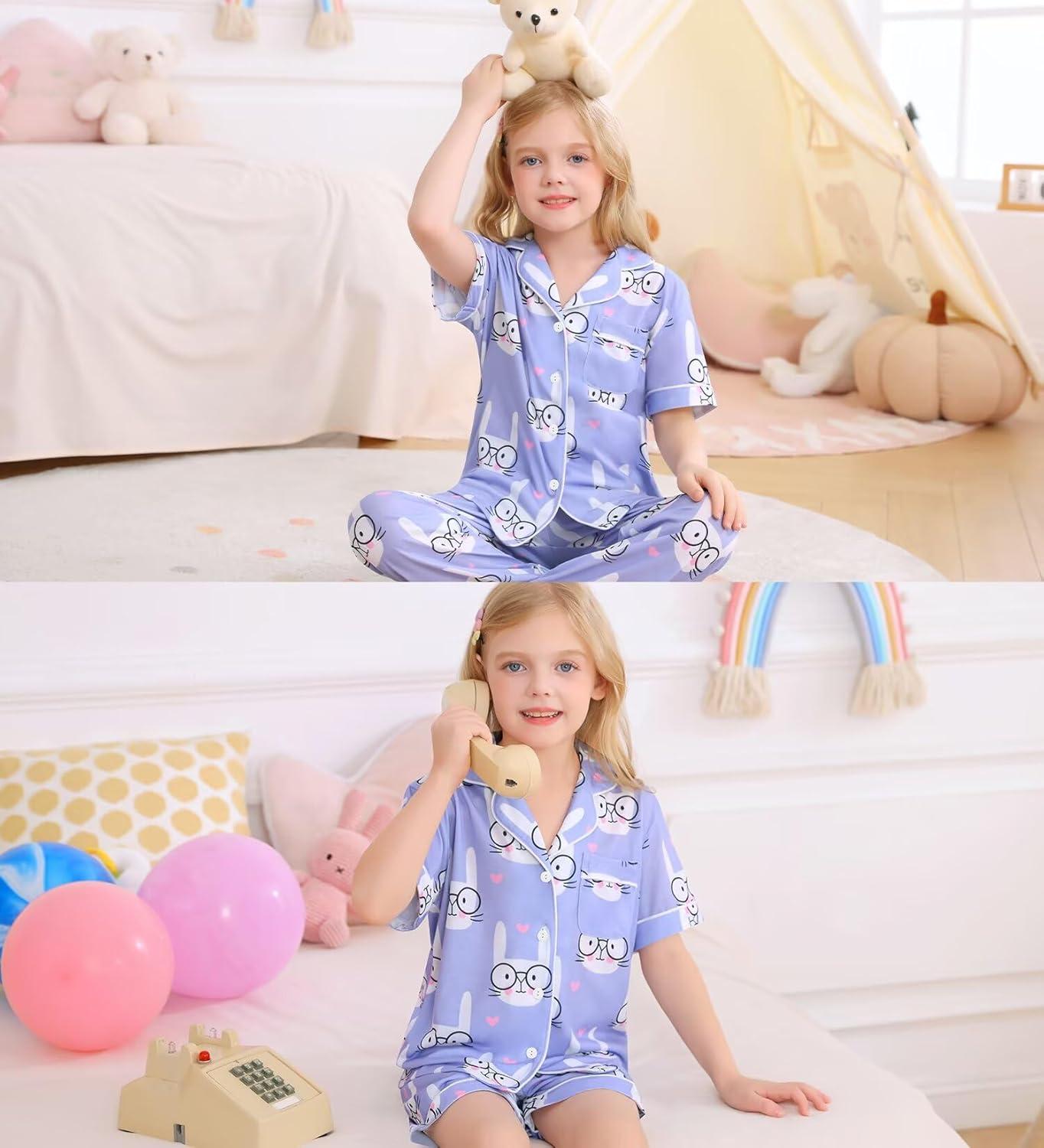 imageSWOMOG Big Girls Pajama Set 3PCS Button Dowm Sleepwear Short Sleeve with ShortampLong Pants PJs Cute Print LoungewearPurple Rabbit