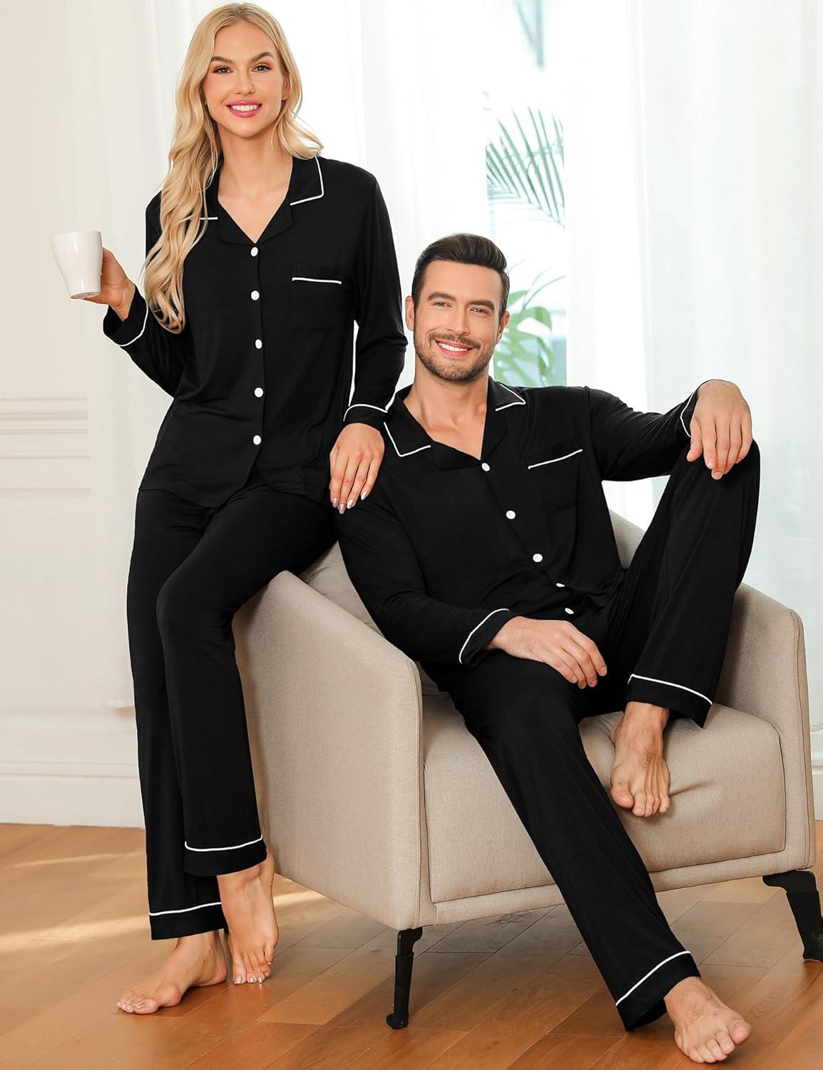 imageSWOMOG Couple Matching Pajamas Set Christmas Pajamas Long Sleeve Button Down Pj Set Festival Party Xmas SleepwearBlack