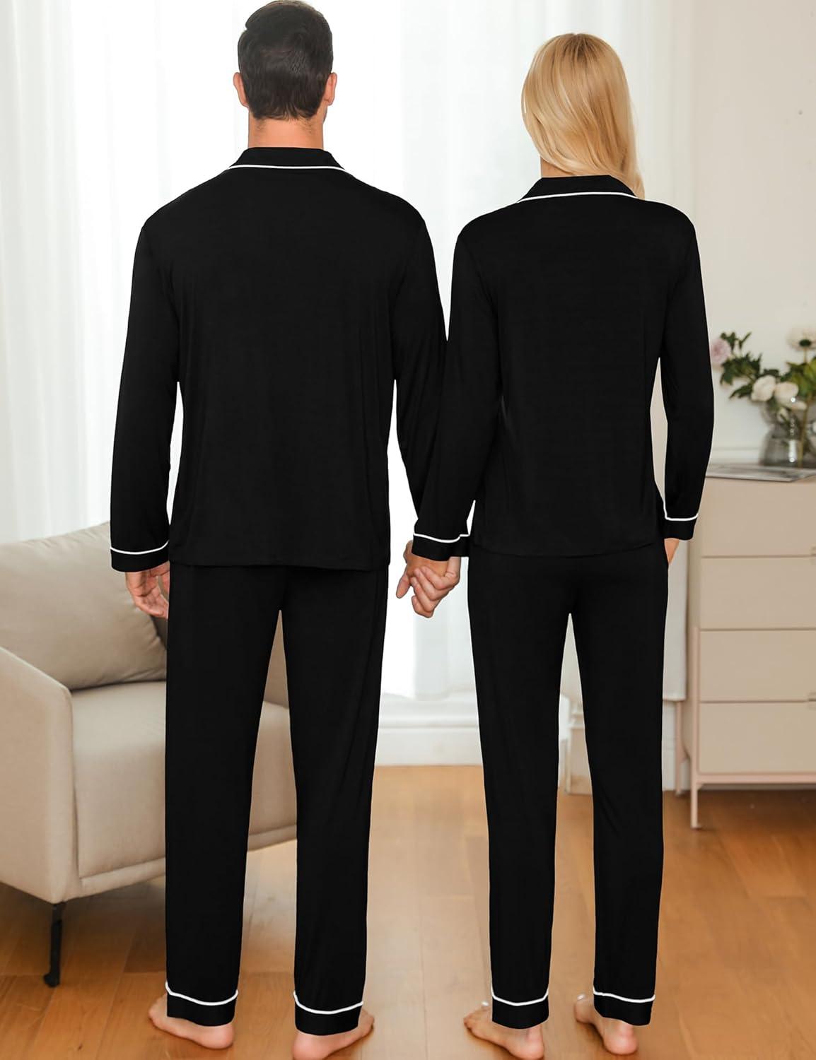 imageSWOMOG Couple Matching Pajamas Set Christmas Pajamas Long Sleeve Button Down Pj Set Festival Party Xmas SleepwearBlack