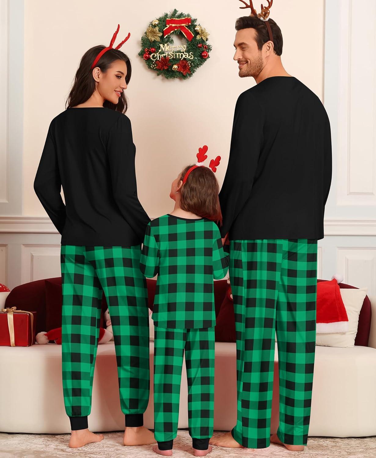 imageSWOMOG Couple Matching Pajamas Set Christmas Pajamas Long Sleeve Button Down Pj Set Festival Party Xmas SleepwearBlack Green Plaid