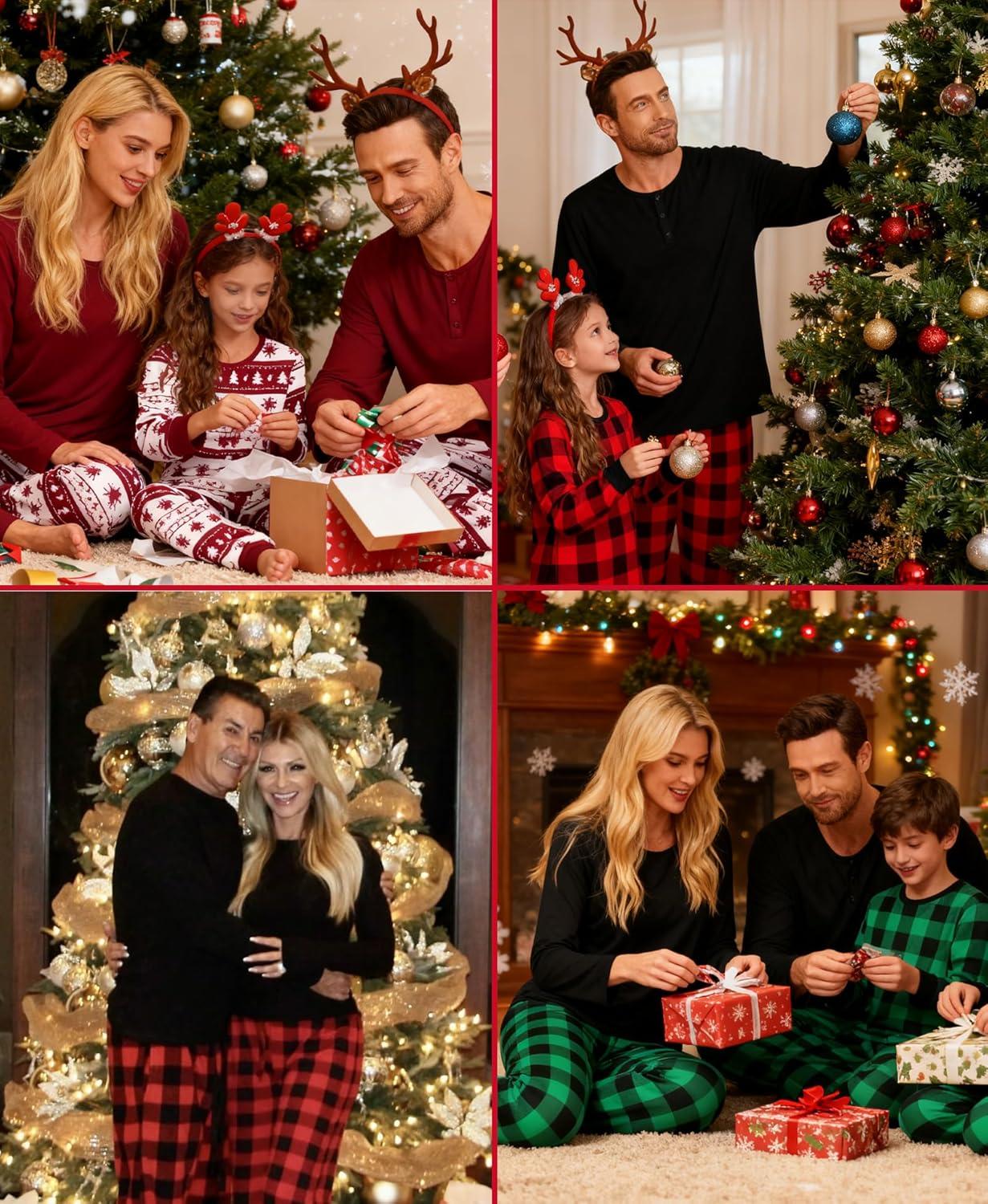 imageSWOMOG Couple Matching Pajamas Set Christmas Pajamas Long Sleeve Button Down Pj Set Festival Party Xmas SleepwearBlack Green Plaid