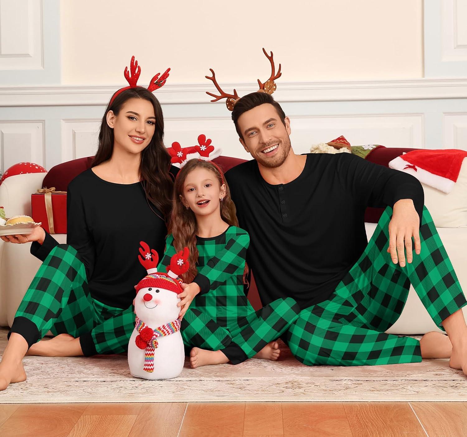 imageSWOMOG Couple Matching Pajamas Set Christmas Pajamas Long Sleeve Button Down Pj Set Festival Party Xmas SleepwearBlack Green Plaid