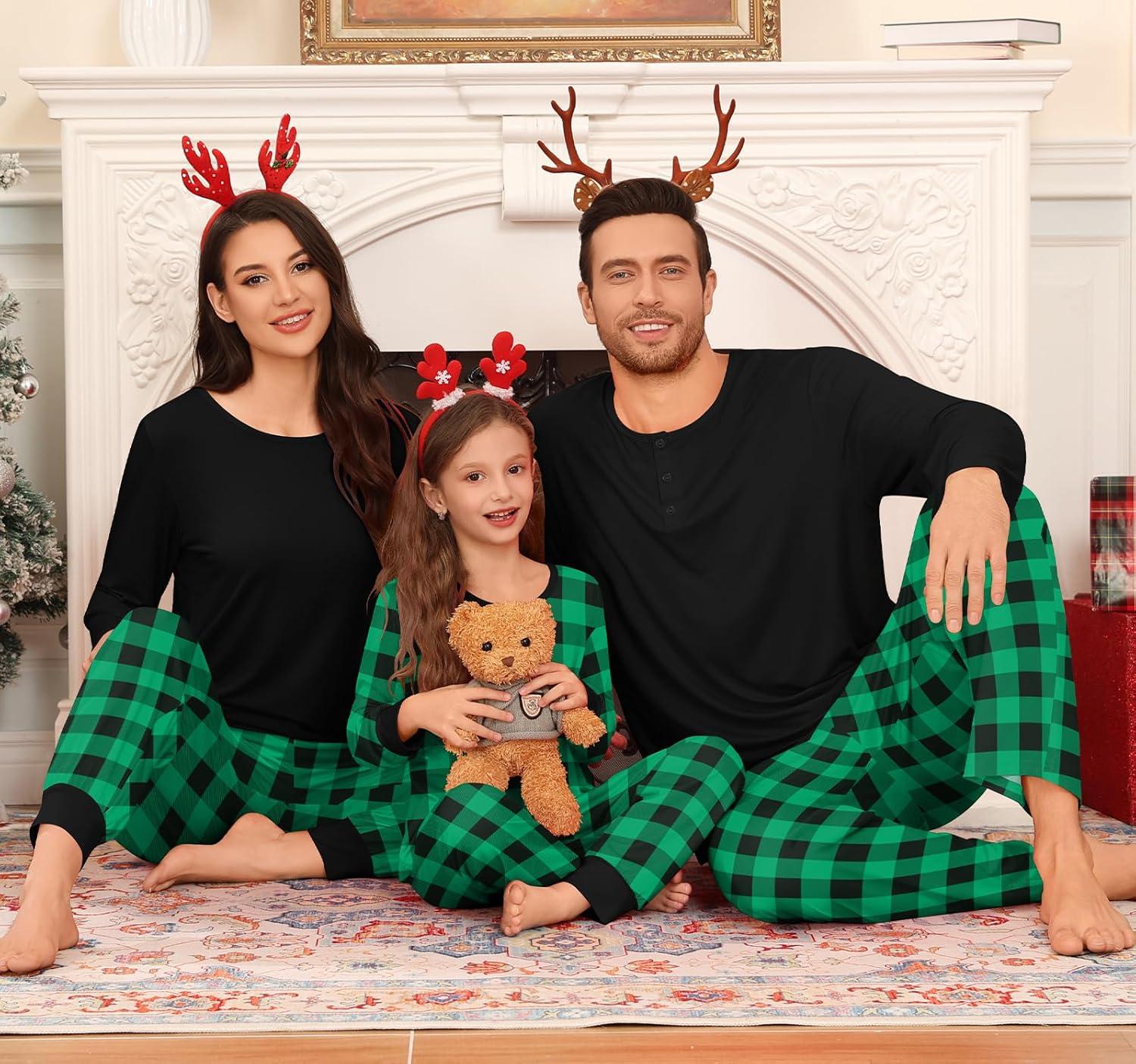 imageSWOMOG Couple Matching Pajamas Set Christmas Pajamas Long Sleeve Button Down Pj Set Festival Party Xmas SleepwearBlack Green Plaid