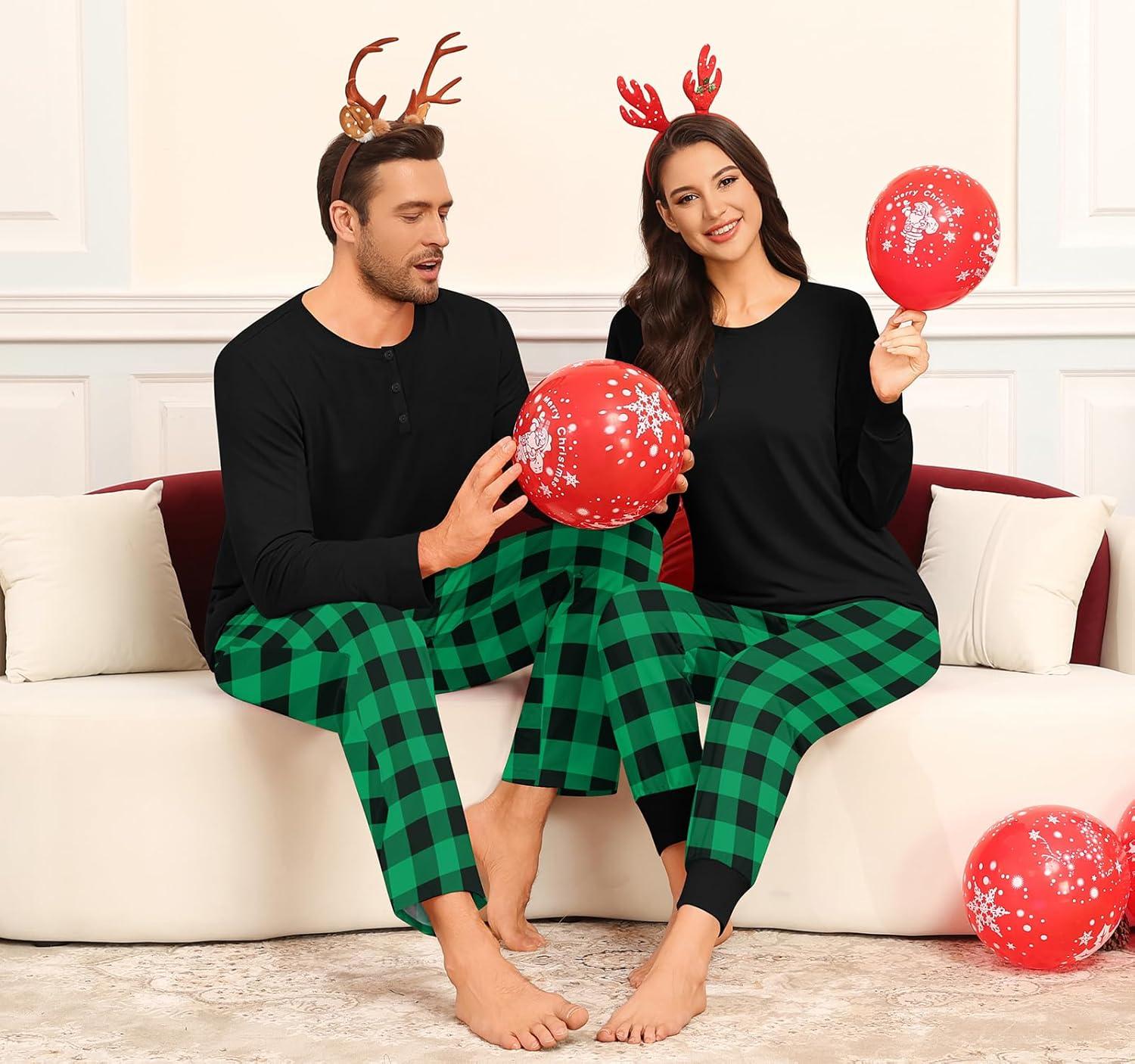 imageSWOMOG Couple Matching Pajamas Set Christmas Pajamas Long Sleeve Button Down Pj Set Festival Party Xmas SleepwearBlack Green Plaid
