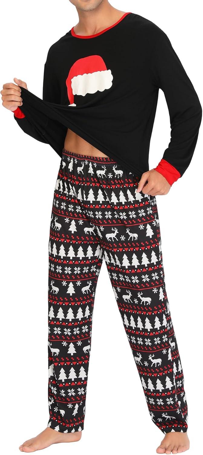 imageSWOMOG Couple Matching Pajamas Set Christmas Pajamas Long Sleeve Button Down Pj Set Festival Party Xmas SleepwearChristmas Hat