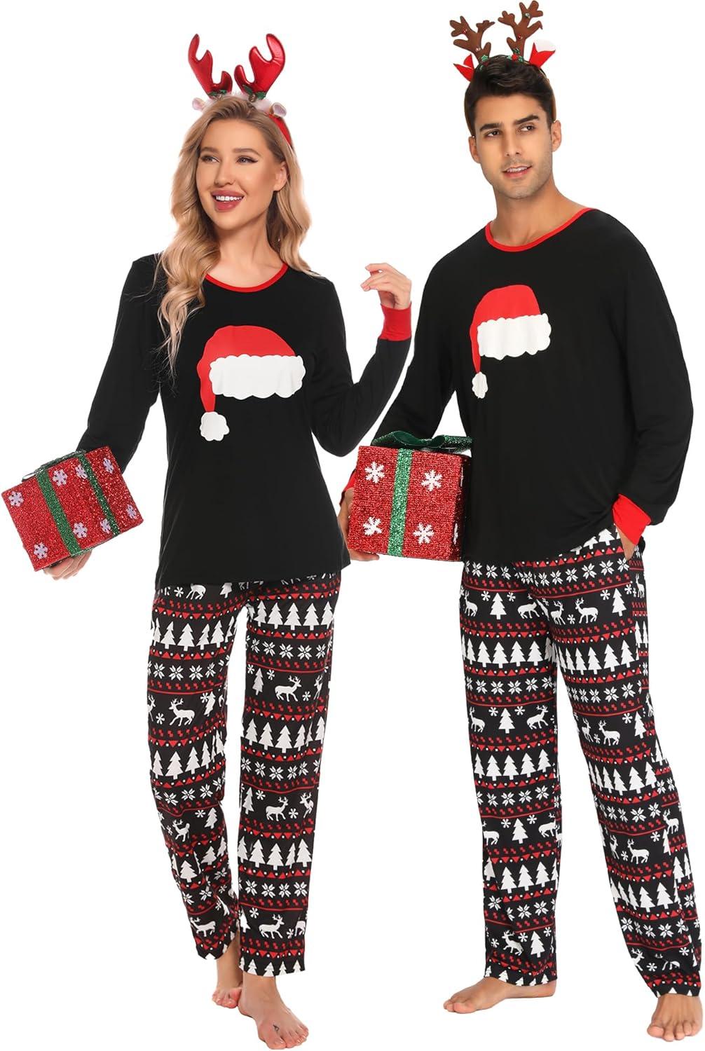 imageSWOMOG Couple Matching Pajamas Set Christmas Pajamas Long Sleeve Button Down Pj Set Festival Party Xmas SleepwearChristmas Hat