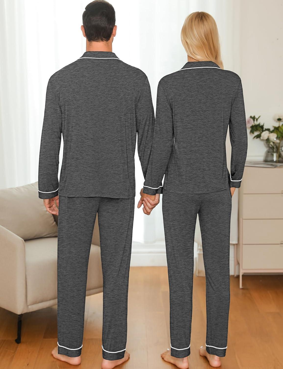 imageSWOMOG Couple Matching Pajamas Set Christmas Pajamas Long Sleeve Button Down Pj Set Festival Party Xmas SleepwearDeep Grey