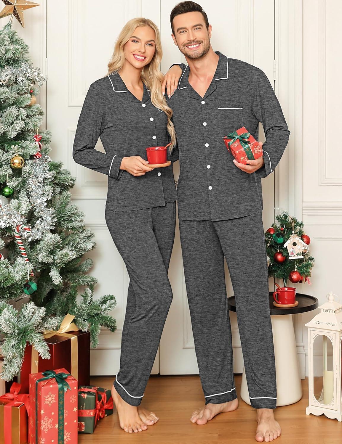 imageSWOMOG Couple Matching Pajamas Set Christmas Pajamas Long Sleeve Button Down Pj Set Festival Party Xmas SleepwearDeep Grey