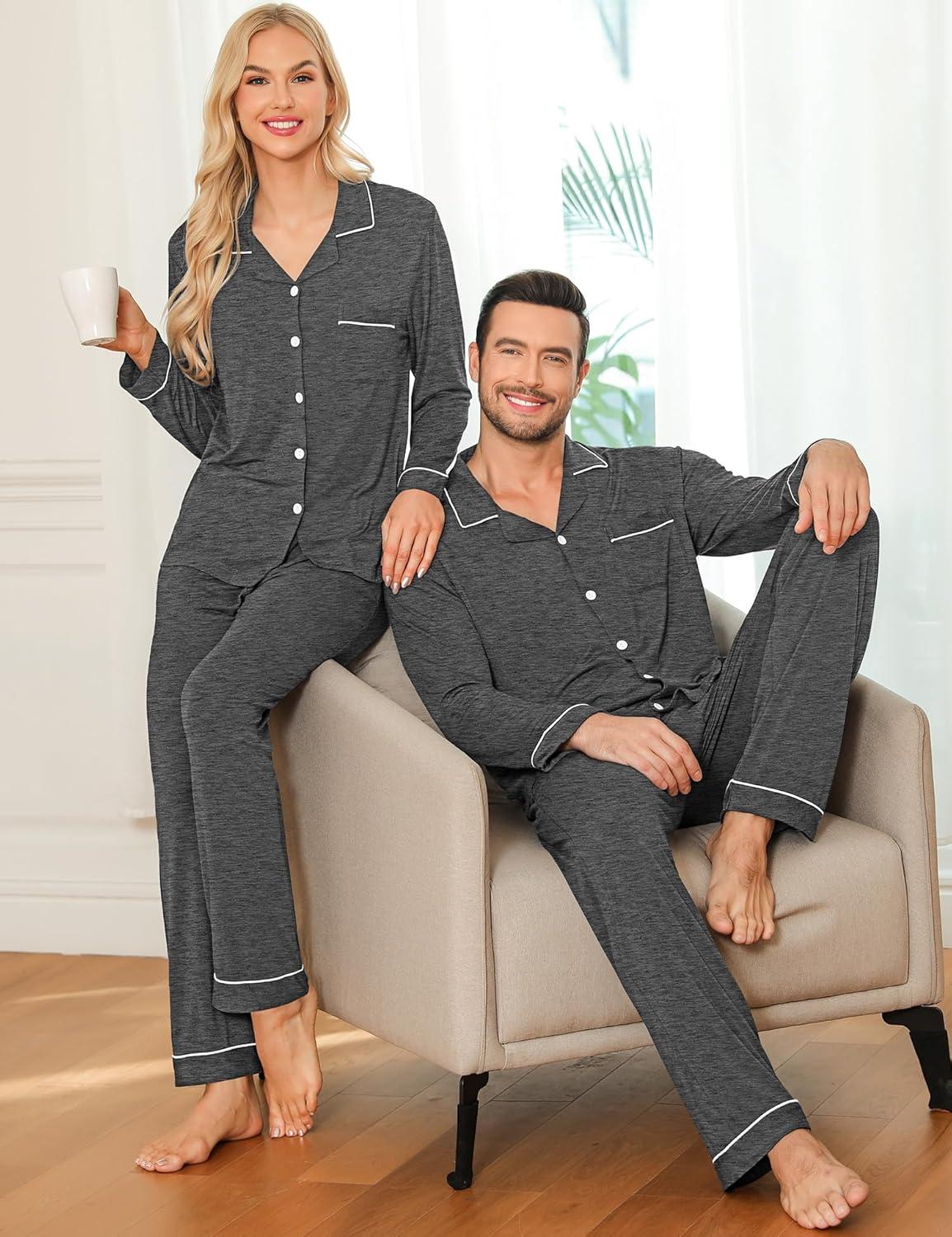 imageSWOMOG Couple Matching Pajamas Set Christmas Pajamas Long Sleeve Button Down Pj Set Festival Party Xmas SleepwearDeep Grey
